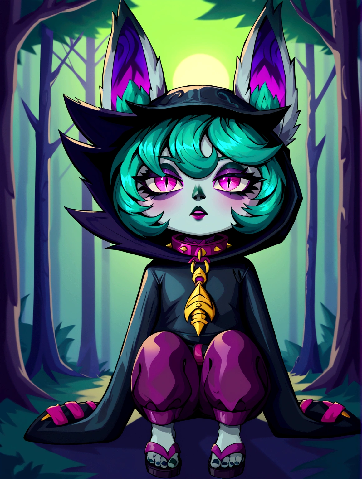 masterpiece,(best quality,top quality,8k),ultra detailed,painting,detailed eyes and face,(1girl),VexLoLXL, yordle, shortstack, pink eyes, green hair, bangs, short hair, grey skin, colored skin, black hood, hood up, ears through headwear, white animal ears, black shirt, purple collar, golden ornament, long sleeves, sleeves past wrists, purple pants, sandals,sitting, looking at viewer, forest,night