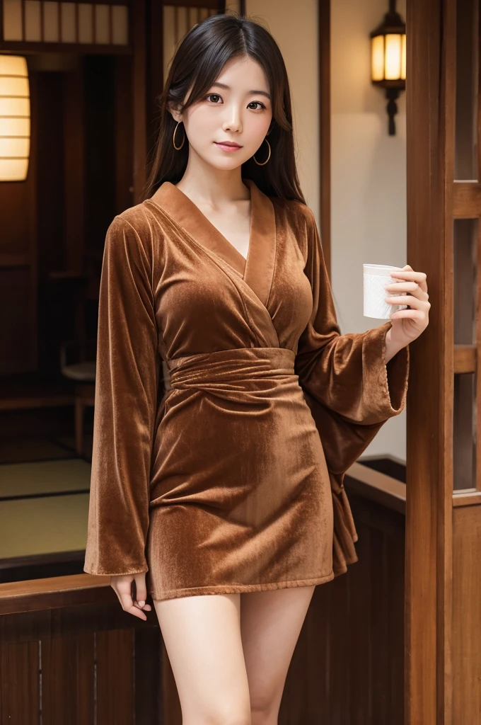 A Japanese woman attending a party wearing a brown, velour, fluttery dress with a haori