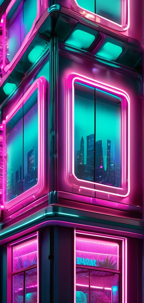 ((masterpiece, better quality)),illustration,ultra detailed 8k,photorealistic,sharp focus,very detailed,professional lighting,colorful details,iridescent lights, cyber city, neon lights, pink and teal colors