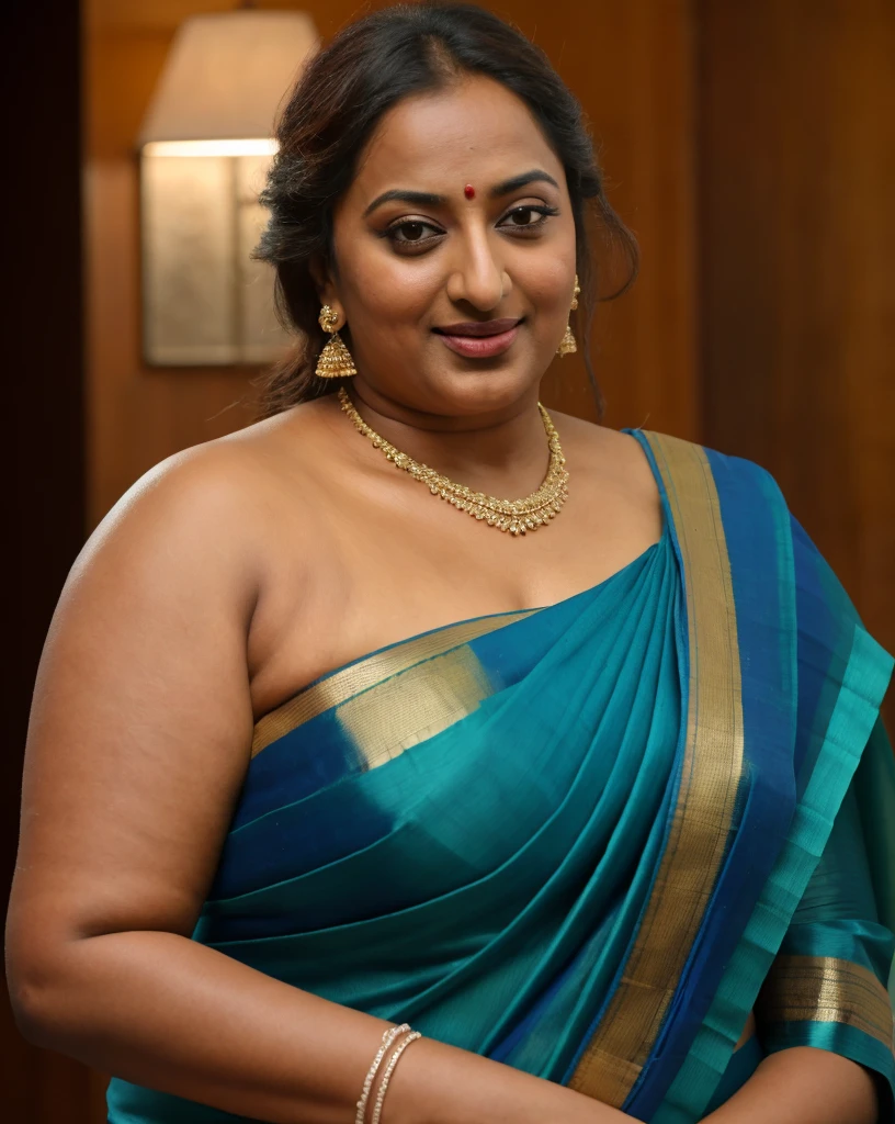 Foto RAW, photorealistic, photography, full body shot, 50 years old Woman, master shot, perfect eyes, goddess like beauty, pierced eyes, perfect thick chubby mallu Desi aunty bhabhi, Wearing a Stanapatta, a chest-band.Saree model, model Photography, Indian saree shoot, Indian traditional wear advertising photography, traditional wear brand shoot, face of Indian actress Sonakshi Sinha, masterpiece, realistic, realism, incredible details,  pleasure, photorealism, detailed skin, skin pores, high contrast, photorealistic Artstation 8k HD digital art trend of high definition and detailed realistic skin texture, ultra detail, realistic skin texture, armature, best quality, ultra high definition, (photorealistic:1.4),, high resolution, detail, raw photo, sweat, Re sharp, by Lee Jefferies Nikon D850 Film Stock Photo 4 Kodak Portra 400 Camera F1.6 Lens Rich Color Ultra Real Realistic Realistic Textures Dramatic Lighting Unreal Engine Trending at Art Station Cinestill 800,(pele altamente detalhada: 1.2), 8k UHD, DSLR, soft-lighting, alta qualidade, grain of film, Fujifilm XT3,she didn't like to wear blouse or , she is happy to wear only saree, she hates blouse or , detailed hairy armpits, hyper realistic skin, skin pores, sweat, veins, 
