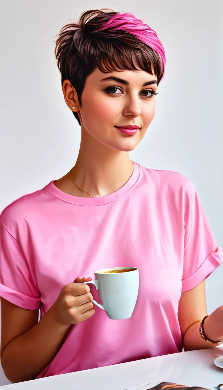 create a woman with pixie cut hair ,with pink shirt , with a cup of coffee ,Masterpiece, estilo illustration de Ali Erturk, high detail, hyperrealistic, natural light,illustration , Bright colors
