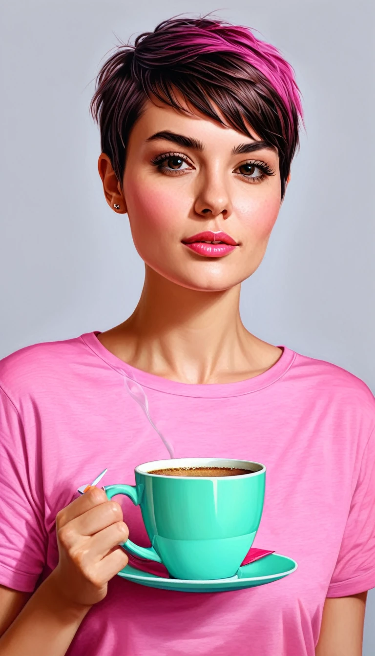 create a woman with pixie cut hair ,with pink shirt , with a cup of coffee ,Masterpiece, estilo illustration de Ali Erturk, high detail, hyperrealistic, natural light,illustration , Bright colors