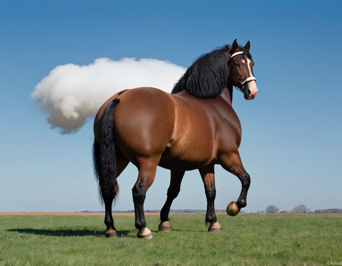 big fat Belgian draft horse  mare. massive bum. very short tail. horse facing horizon . (riding horse, very full figured, very dark skinned, BBW, nude African woman) flat grass meadow. a  single huge  pile of steaming horse dung behind horse.   cloudless blue sky. 
