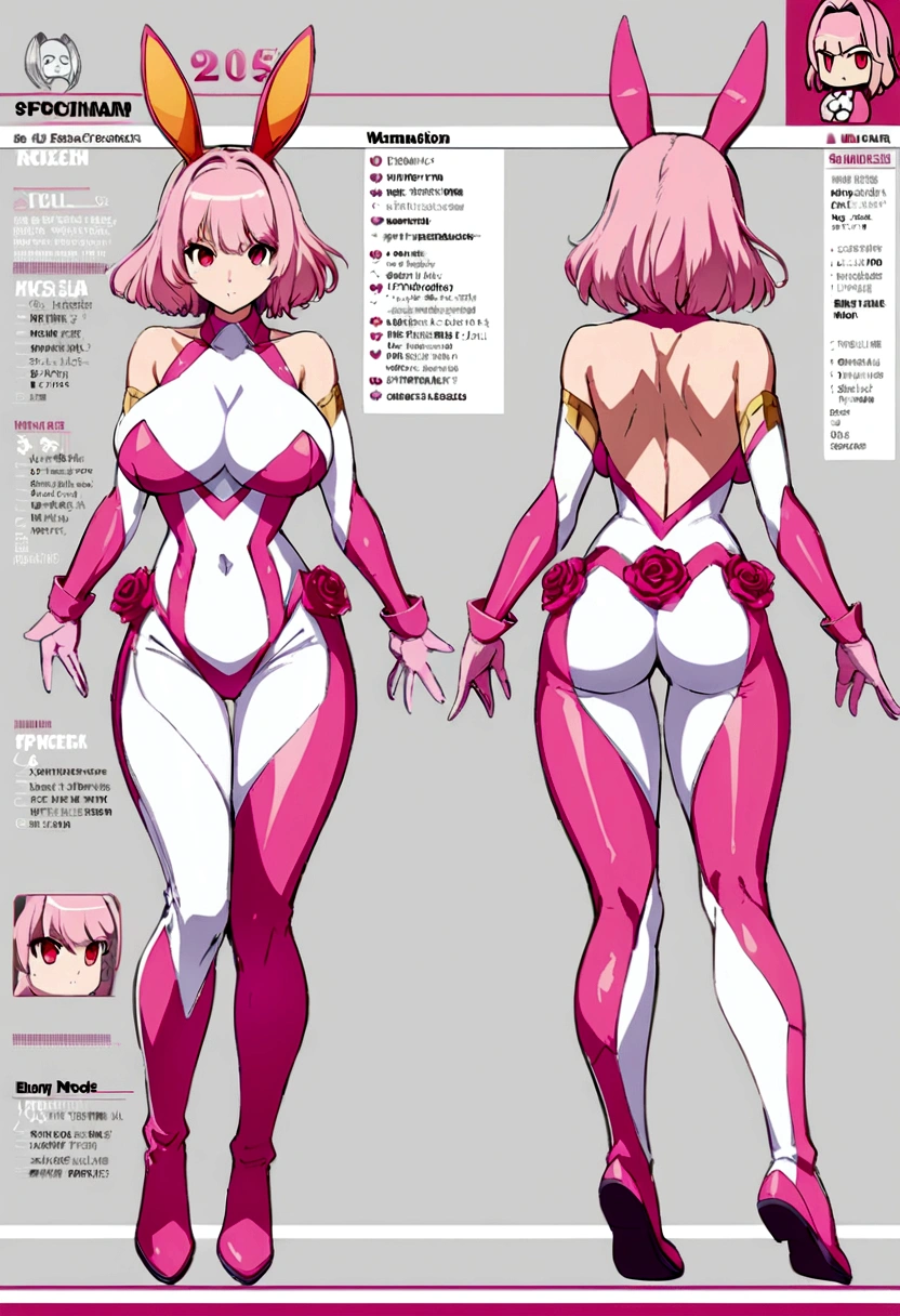Character sheet, full body, front view, back view, and side view,  woman with tight superhero outfit, short pink hair, red eyes, athletic body, large , pink gloves, white clothing, boots roses, specifications, full body, superhero pose
