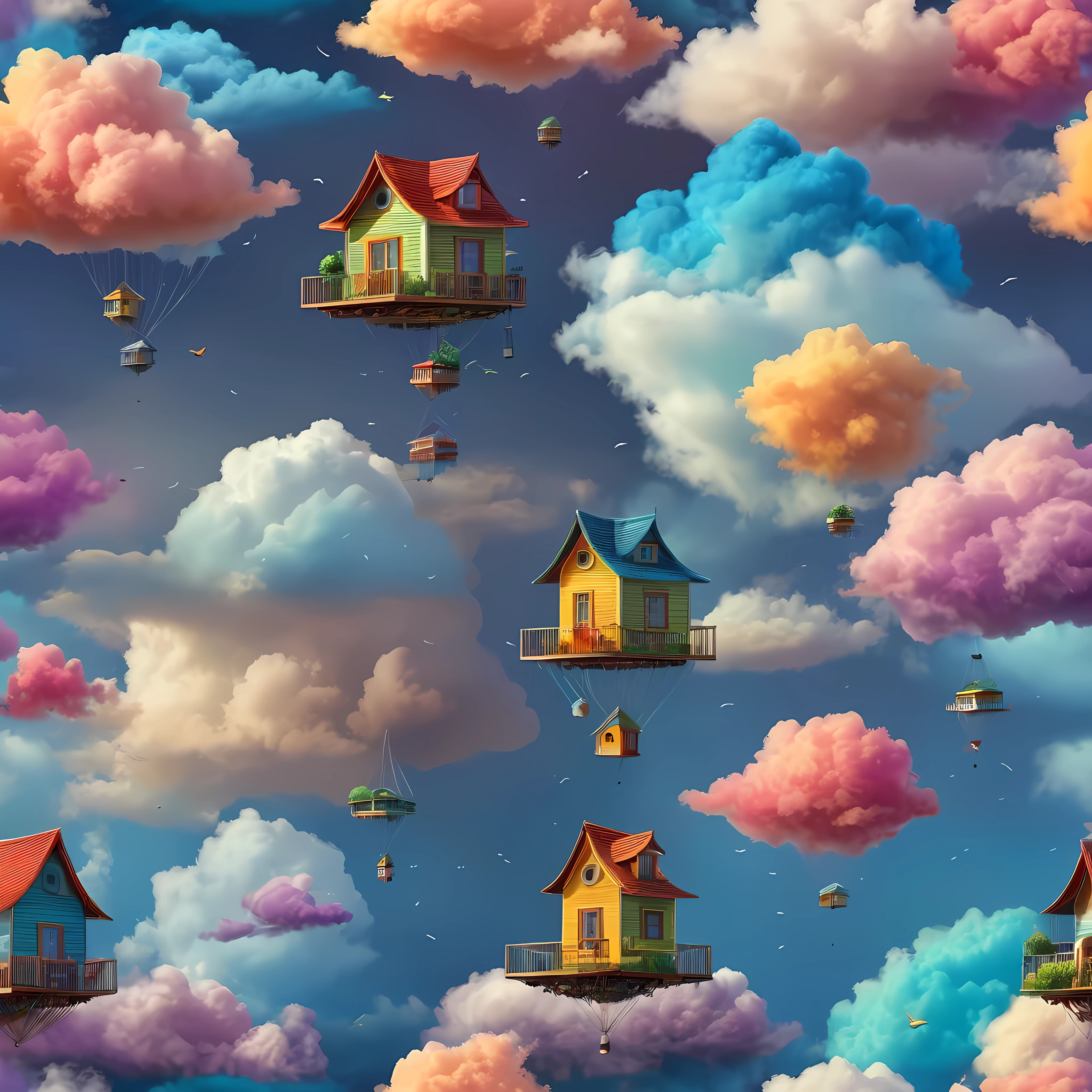 colorful, highly detailed, best quality, floating house on the clouds