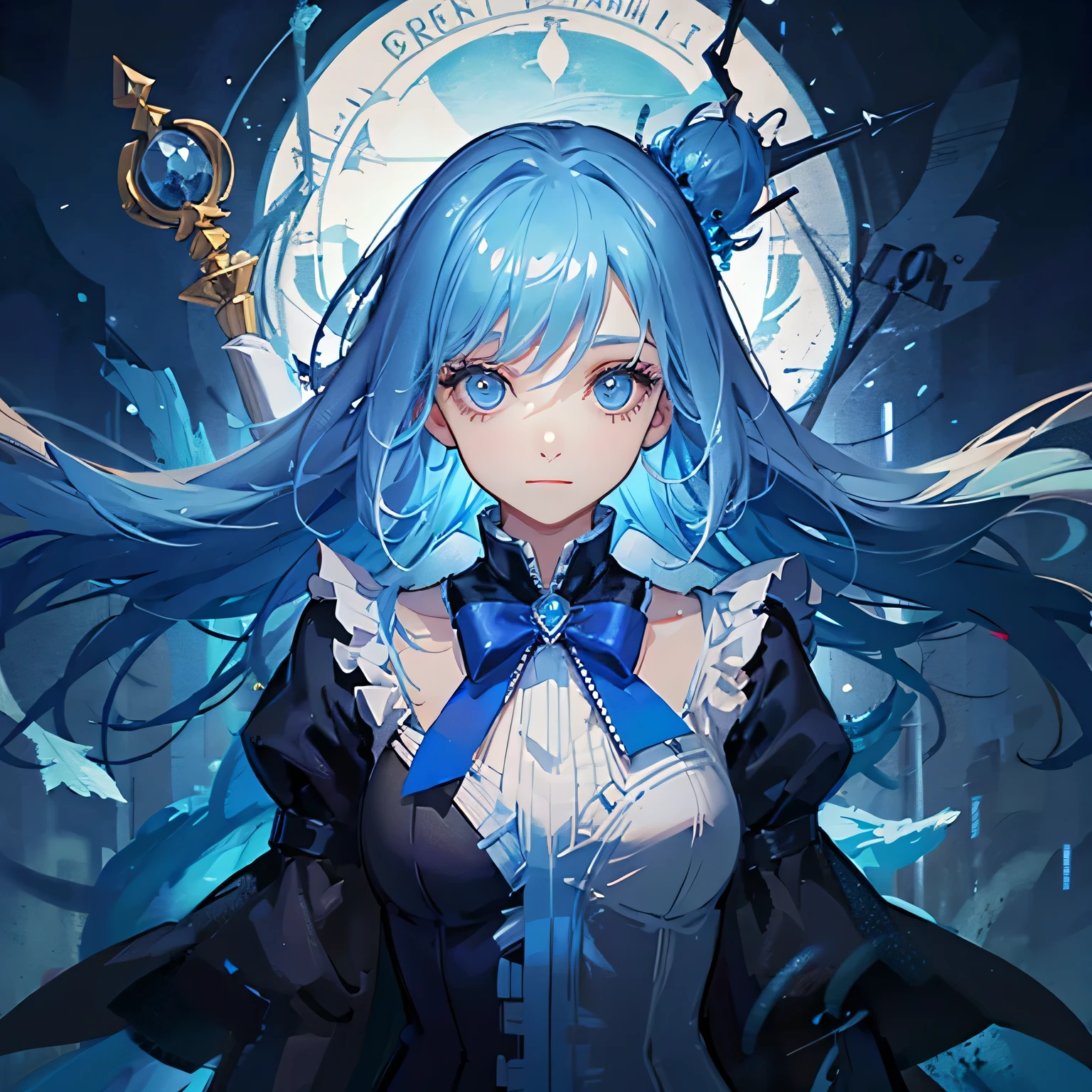blue haired magician girl with her black eyed staff while floating