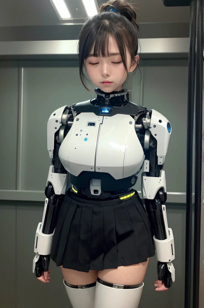 masterpiece, best quality, extremely detailed, Japaese android girl,Plump , control panels,android,Droid,Mechanical Hand, Robot arms and legs,Blunt bangs,perfect robot girl,long tube,thick cable connected her neck,android,robot,humanoid,cyborg,japanese cyborg girl ,future laboratory,robot laboratory,maintenance,connecting a cable between the legs,skirt, She is charging now,(sleep mode:1.5)(closing eyes:1.5)