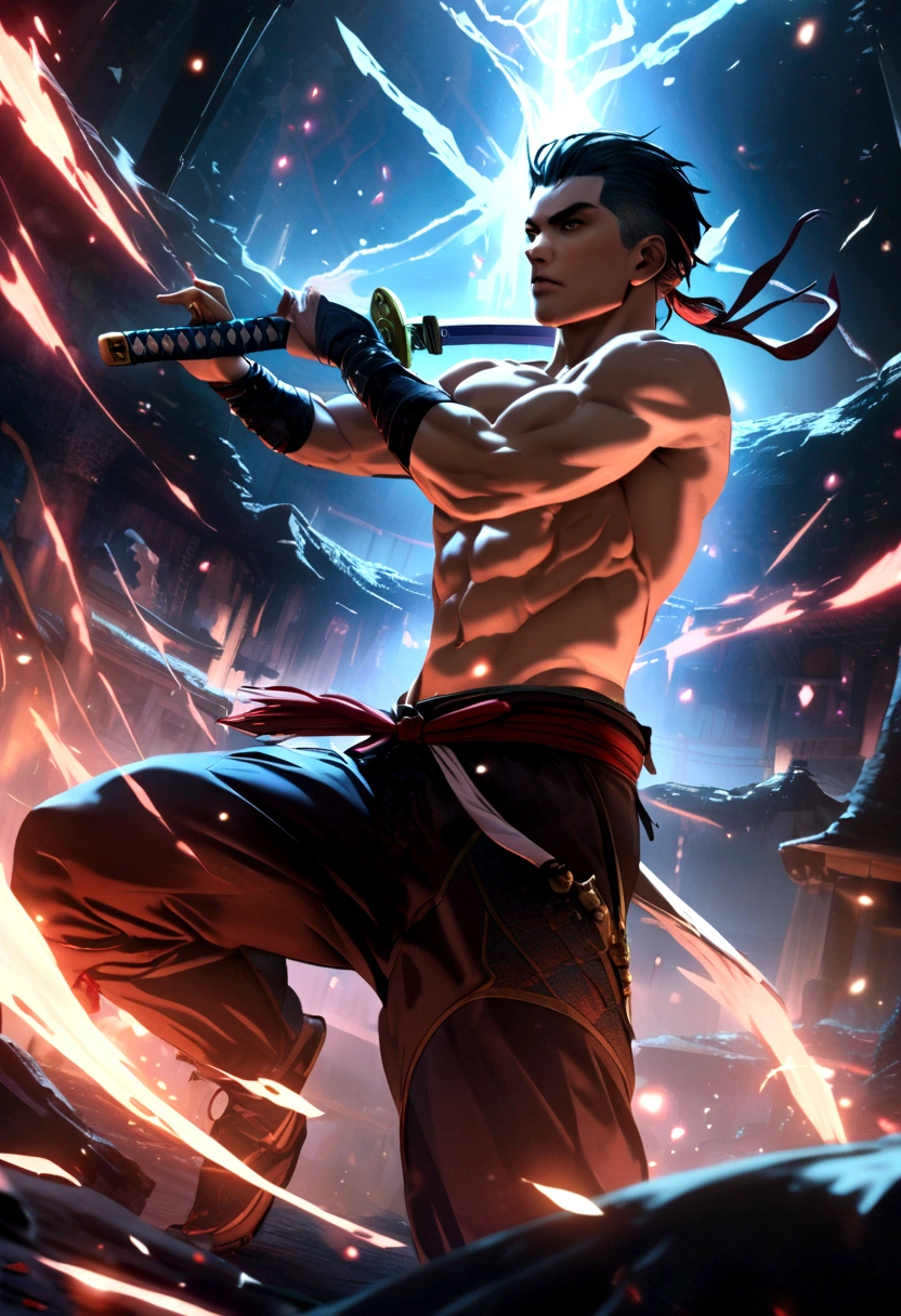 Shirtless athletic man katana ninja 8k HD