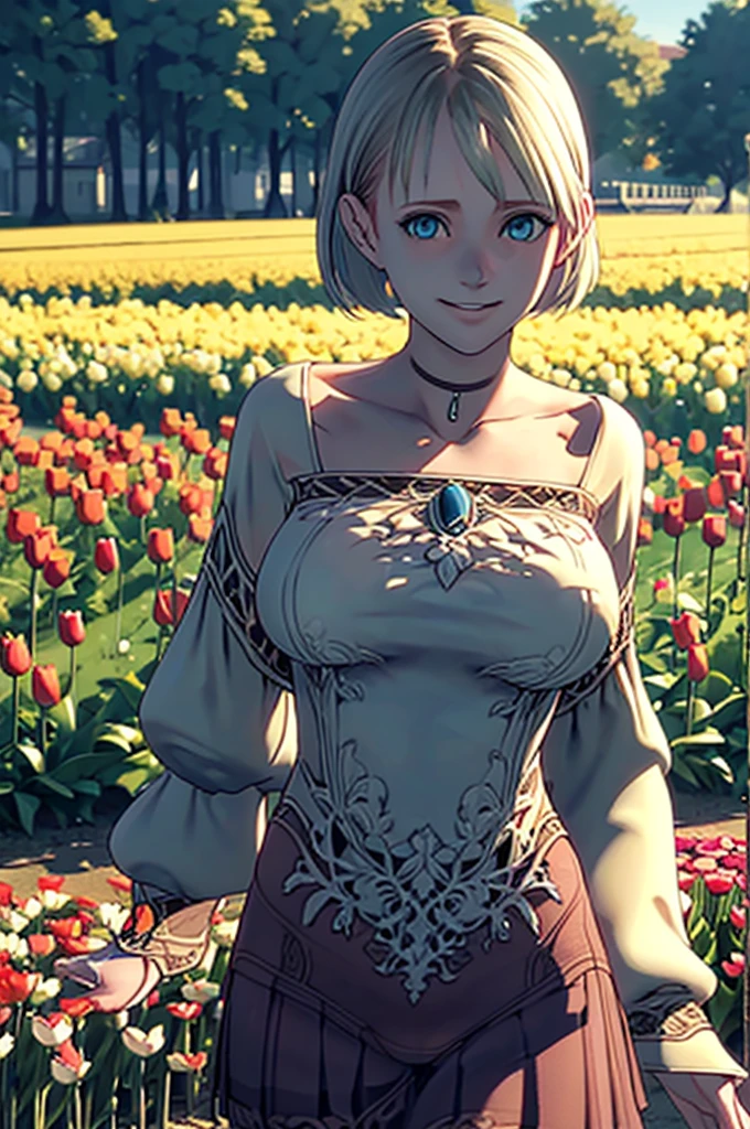 ((ultra detailed, Masterpiece, absurdities)) HGFiona, 1 girl, by rubio, Blue eyes, in a tulip field, golden hour,naked big tits, smiling