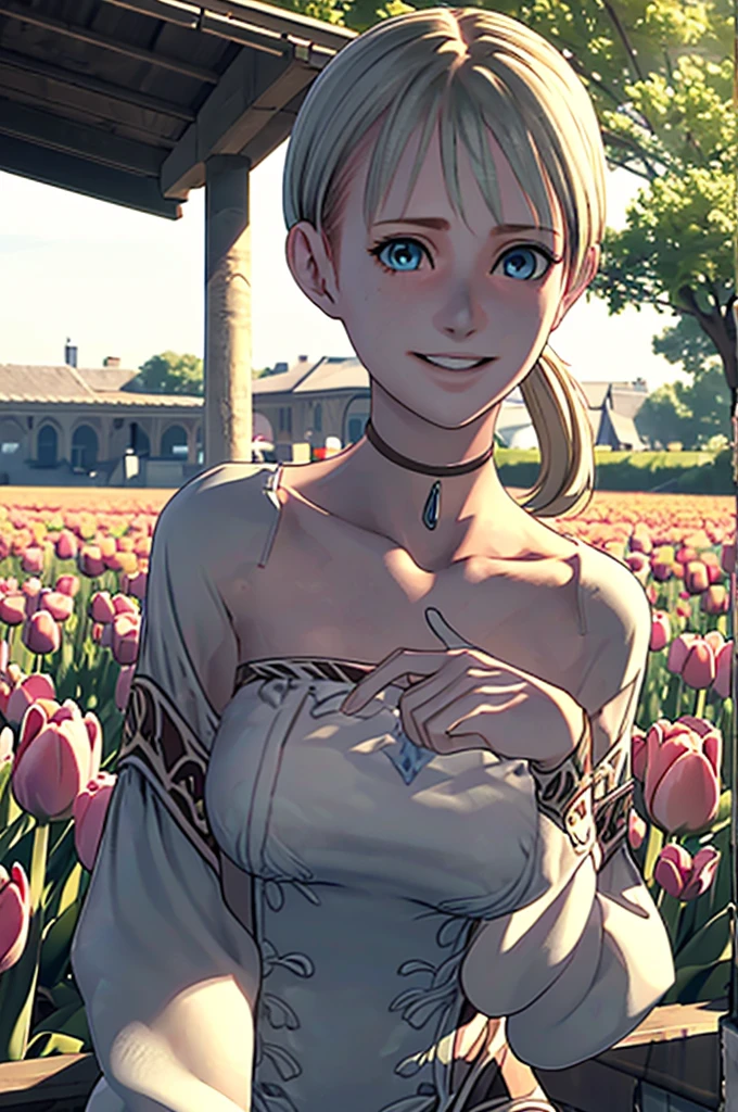 ((ultra detailed, Masterpiece, absurdities)) HGFiona, 1 girl, by rubio, Blue eyes, in a tulip field, golden hour,naked big tits, smiling