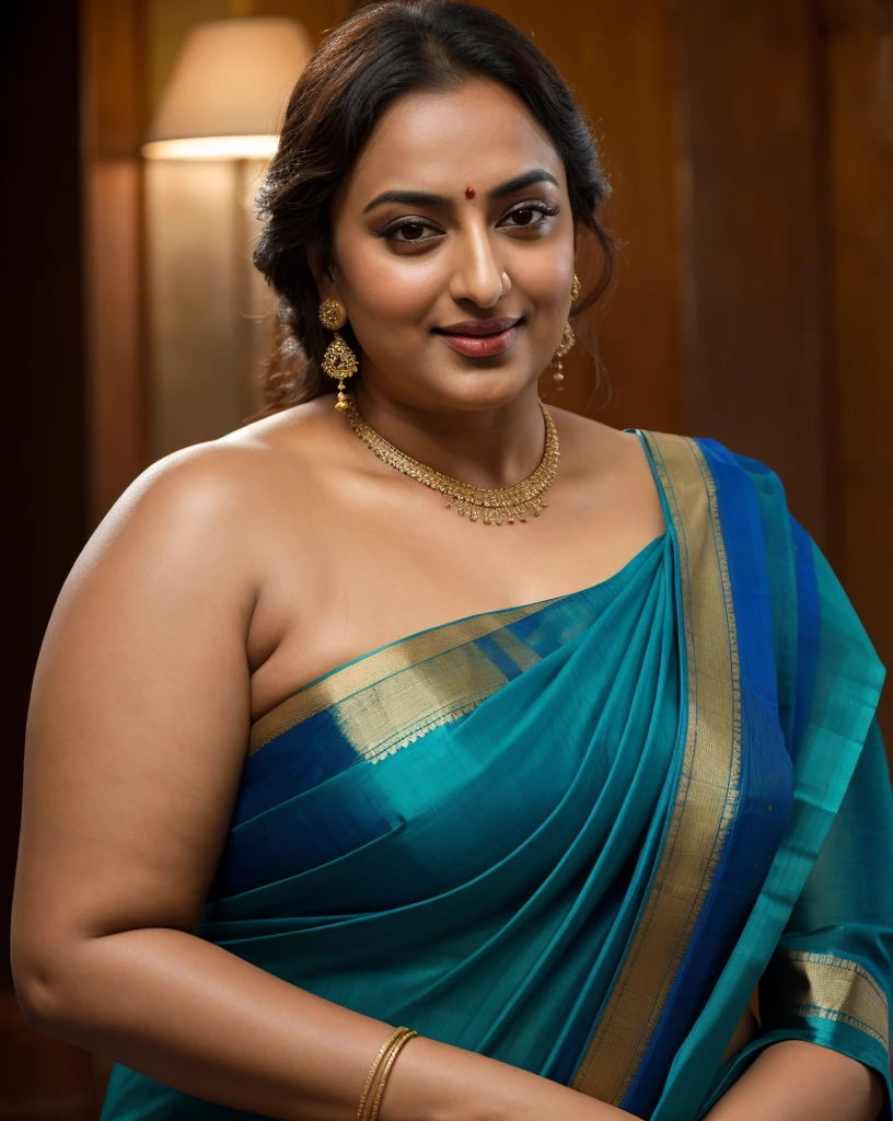 Foto RAW, photorealistic, photography, full body shot, 50 years old Woman, master shot, perfect eyes, goddess like beauty, pierced eyes, perfect thick chubby mallu Desi aunty bhabhi, Wearing a Stanapatta, a chest-band.Saree model, model Photography, Indian saree shoot, Indian traditional wear advertising photography, traditional wear brand shoot, face of Indian actress Sonakshi Sinha, masterpiece, realistic, realism, incredible details, pleasure, photorealism, detailed skin, skin pores, high contrast, photorealistic Artstation 8k HD digital art trend of high definition and detailed realistic skin texture, ultra detail, realistic skin texture, armature, best quality, ultra high definition, (photorealistic:1.4),, high resolution, detail, raw photo, sweat, Re sharp, by Lee Jefferies Nikon D850 Film Stock Photo 4 Kodak Portra 400 Camera F1.6 Lens Rich Color Ultra Real Realistic Realistic Textures Dramatic Lighting Unreal Engine Trending at Art Station Cinestill 800,(pele altamente detalhada: 1.2), 8k UHD, DSLR, soft-lighting, alta qualidade, grain of film, Fujifilm XT3,she didn't like to wear blouse or bra, she is happy to wear only saree, she hates blouse or bra, detailed hairy armpits, hyper realistic skin, skin pores, sweat, veins,