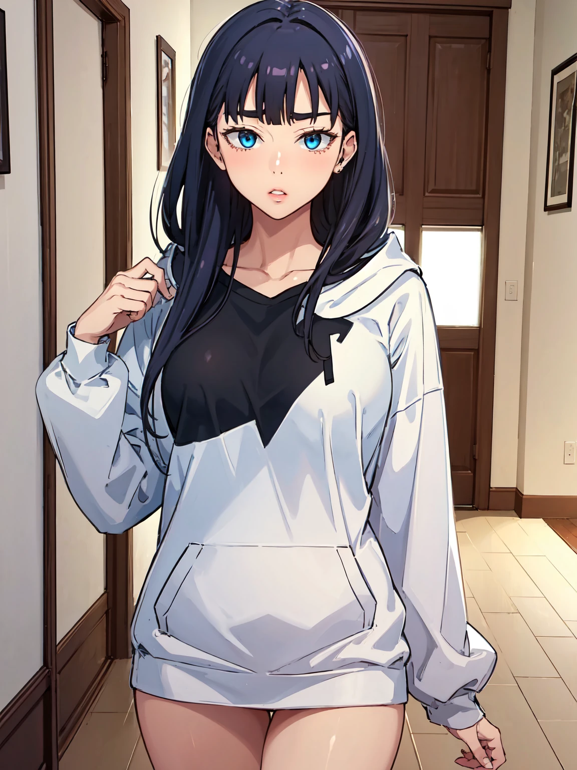 JooRidef, black hair, long hair, blue eyes, large breasts, 
1girl, solo, looking at viewer,Large hoodie, no pants
masterpiece, best quality, standing up, 4k, ultra hd, masterpiece, wallpaper, 26 year old woman, mature woman, perfect image, ultra sharp image, lips seperated, 3/4 body image, indoors, close up, long sleeve