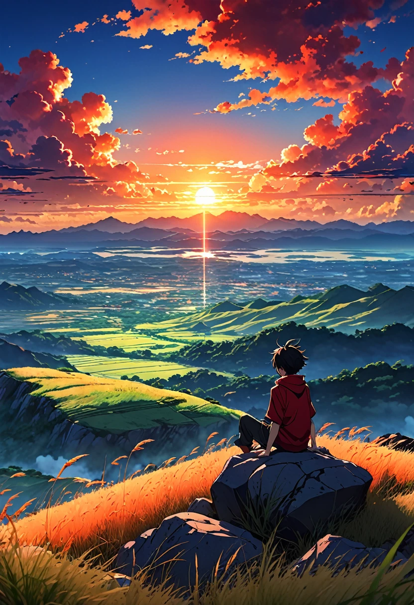 anime landscape of a boy on a hill of rocks with grasses, sunset with orange and red infernal clouds, anime nature wallpapers, beautiful anime scene, beautiful anime peace scene, Makoto Shinkai Cyril Rolando, beautiful scene of anime, amazing wallpaper, anime art wallpaper 8k, anime background, artistic anime background, 4k anime wallpaper, anime art wallpaper 4k, anime art wallpaper 4k,