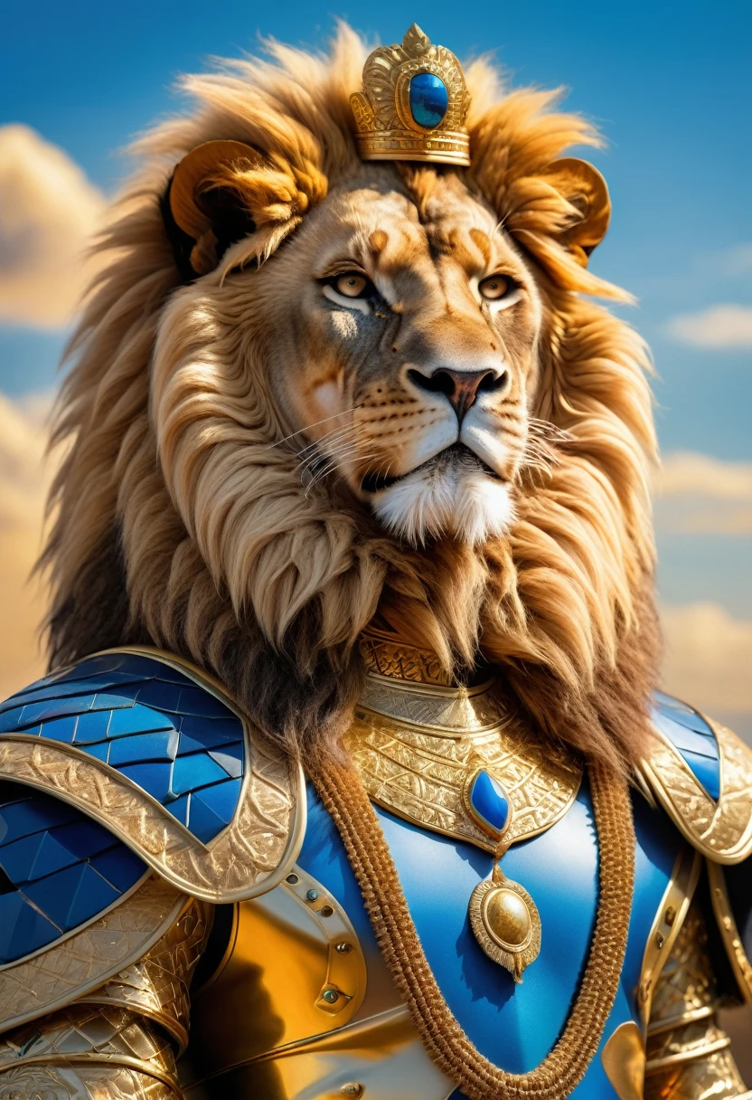 masterpiece, high-quality beautiful illustrations, furry, male, close-up of a lion with a crown on his head, lion warrior, king of the jungle, portrait of the king, a dignified look, African national costume, goldworks with intricate designs, golden armour, musculature, blue sky background 