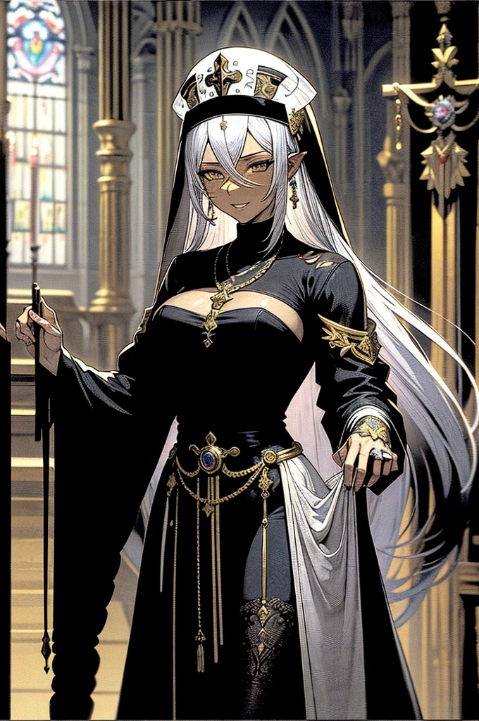(masterpiece, highest quality, perfect anatomy)1 woman, 25 years old, tall, muscular, dark skin, large breasts, high muscular definition, muscular, medium silver hair, amber eyes, tattoos (nun outfit, priest outfit RPG, silver jewelry, silver rings, necklace and silver) in a church, bitch smile, flushed face, eyes shining with malice, face of rape