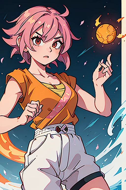 female character with short neck-length pink hair throwing a dragon ball style kamehameha