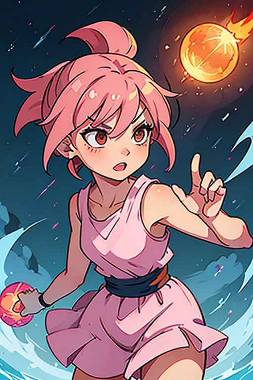 female character with short neck-length pink hair throwing a dragon ball style kamehameha