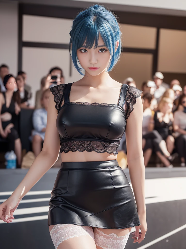 One Girl, Shiny skin, 最high quality, (Game CG:1.4), Browsing Caution, Beautiful face and eyes in every detail,big 、Tiny Lingerie, strict, big ample 、((最high quality)), (Very detailed), (Very detailed CG 統合 8k 壁紙), Very detailed, High resolutionのRAWカラー写真, Professional photography,From below, (((White lace panties)))、I can see your face、(((Sorry look))),(((Embarrassed face)))、(((Are crying)))、(((Anguished expression)))、Glare, anger、(((Her white panties are visible)))、((white  pattern))、Dancing、((((She is embarrassed that the audience saw her .))))、 (((She forgot to put on her  so it was completely visible.)))、Dancing, (((The audience is delighted to see her panties))), (((A crowd of spectators point their cameras at her panties))), (( are visible))、Full Shot、(((Her skirt is flipped up))),(to be born, 最high quality, masterpiece:1.5), (Realistic, Intricate details:1.2), 超High resolution, (high quality, High resolution, Finer details), alone, Curvy Women, blush, Sweat, Oily skin, Shallow depth of field,(masterpiece、最high quality、High resolution、unity 8k wallpaper、Very detailedCG:1)、(Consciousness upward:1.0)、One Girl、最high quality、8Kmasterpiece、((software)), ((Multiple Girls)), (18-year-old female, Beautiful detailed woman, Female police officer),( Blue Hair),(short hair),White and thin uniform,(Black leather micro mini skirt), ((With a shy look:1.5)), , Hard , Slim waist, Thick thighs, Ultra mini skirt, ((Black Pantyhose)), (((I'Lifting my skirt to show my pantyhose))), ((Spread your legs)), (Please open your legs),, Looking down,((Skirt flip)),(((Boldly flip up the skirt)))