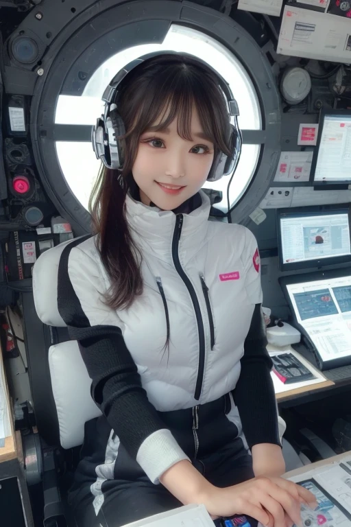 masterpiece, Highest quality, Very detailed, 8K Portrait,Japanese Android Girl,plump , Control panel,Robotic arms and legs, Blunt bangs,,break (Metallic Gray, Metallic luster, Mirror finish, Astro Best):5,headphone:5,break (Black sleeves):100,Smart Watches,Futuristic space station,Control Room,break headphone,blue eyes,(Black Hair):2,(Long Hair):1.3,Displaying the viewer,(respirator),break blush:3,Hidden Hand,smile
