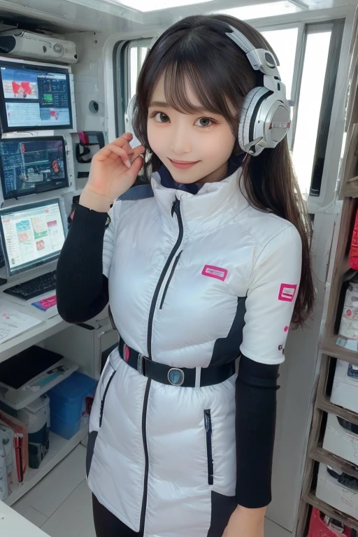 masterpiece, Highest quality, Very detailed, 8K Portrait,Japanese Android Girl,plump , Control panel,Robotic arms and legs, Blunt bangs,,break (Metallic Gray, Metallic luster, Mirror finish, Astro Best):5,headphone:5,break (Black sleeves):100,Smart Watches,Futuristic space station,Control Room,break headphone,blue eyes,(Black Hair):2,(Long Hair):1.3,Displaying the viewer,(respirator),break blush:3,Hidden Hand,smile