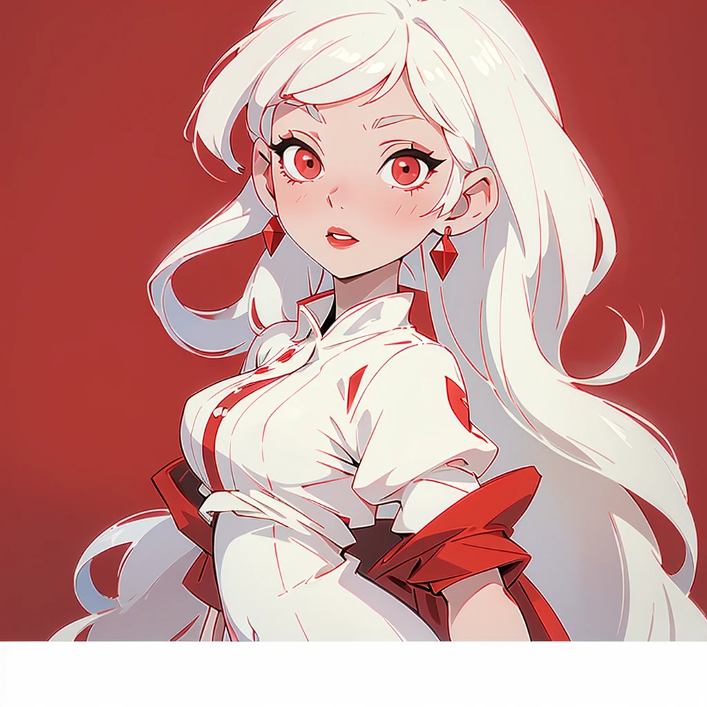 White hair,pale skin, Red eyes, red painted lips,a loose white dress.