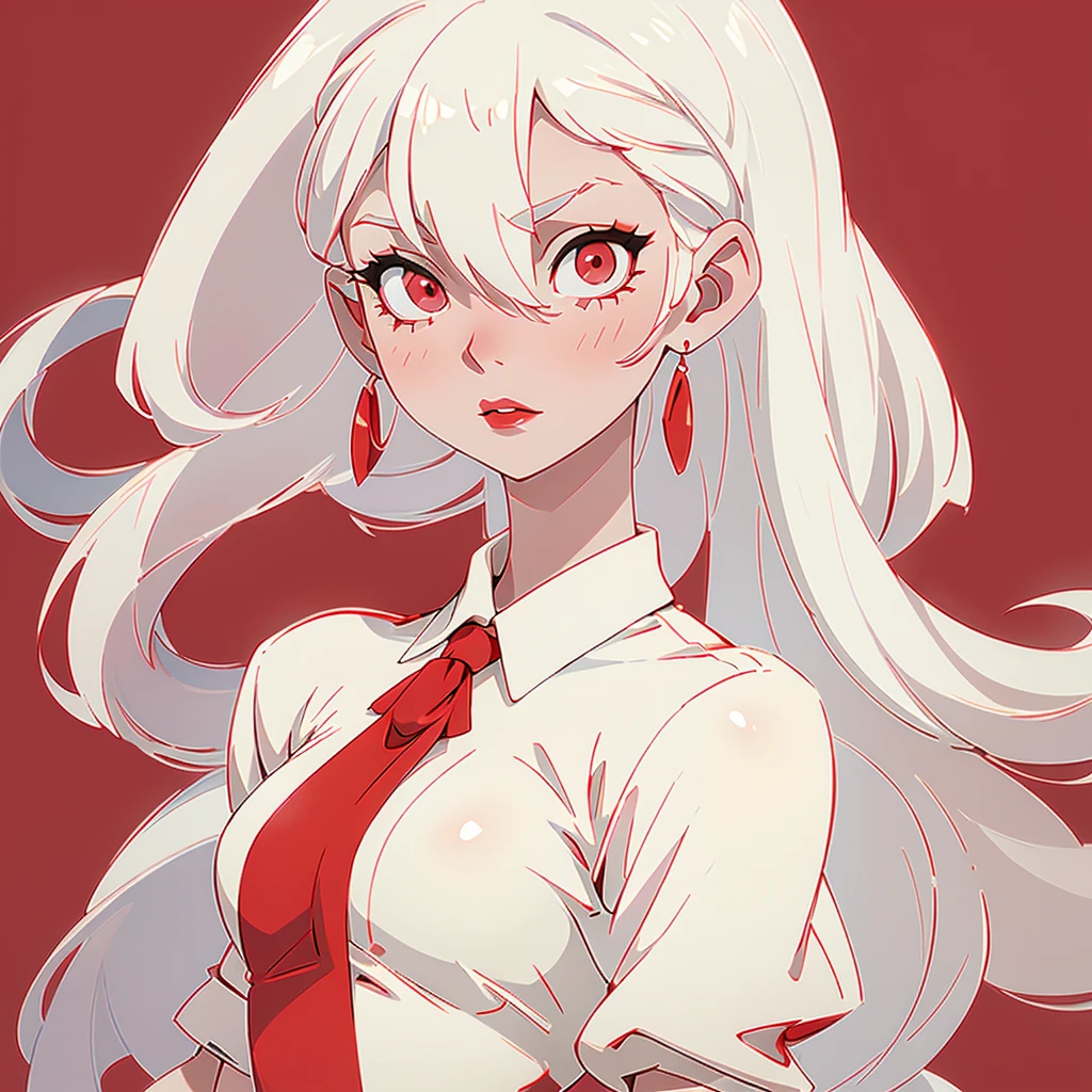 White hair,pale skin, Red eyes, red painted lips,a loose white dress.