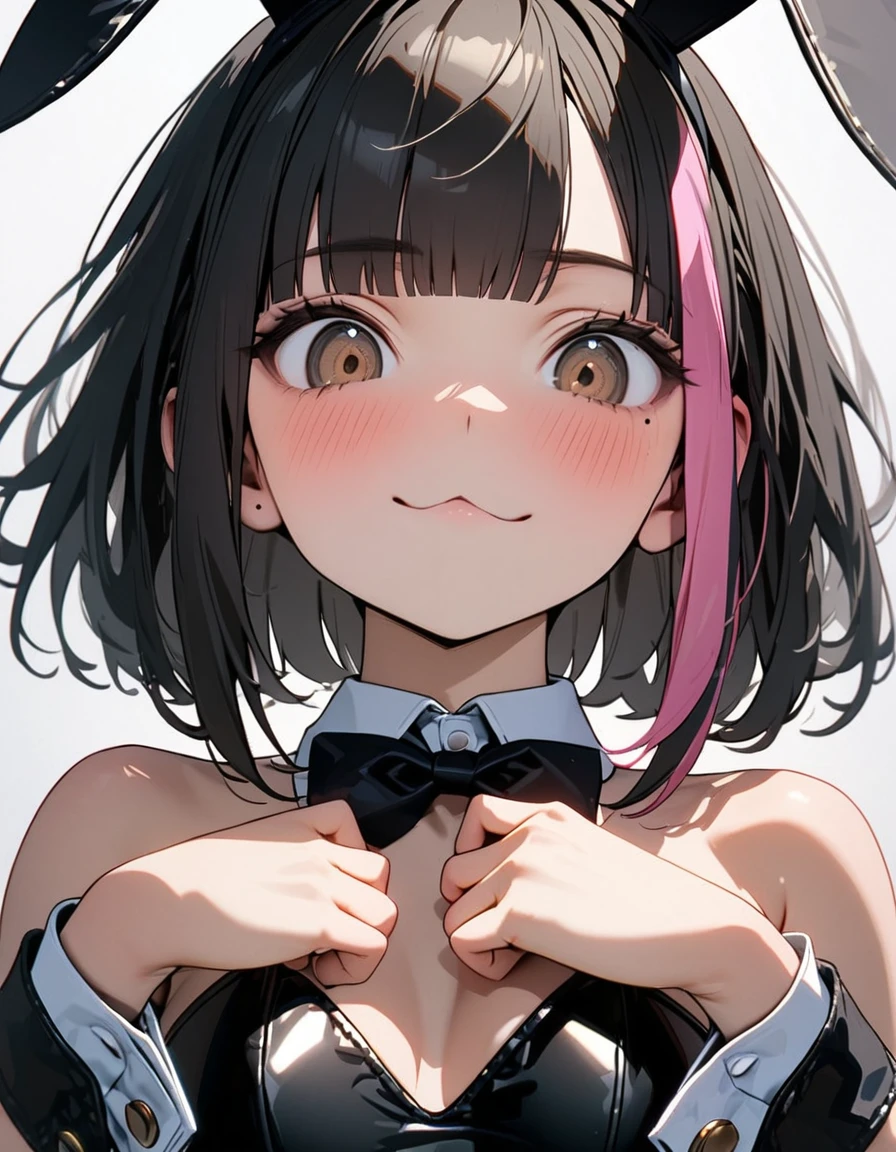 (8K,4K,best quality, master piece: 1.2), super high resolution,1 Beautiful woman,,ultra-detailed face, detailed eyes,mascara,brown eyes,(mole under eye),:>,playboy bunny,black leotard,bowtie, wrist cuffs,blunt bangs,fake rabbit ears,(black hair, pink streaked hair),bob cut,looking at viewer,face focus,Plain white background