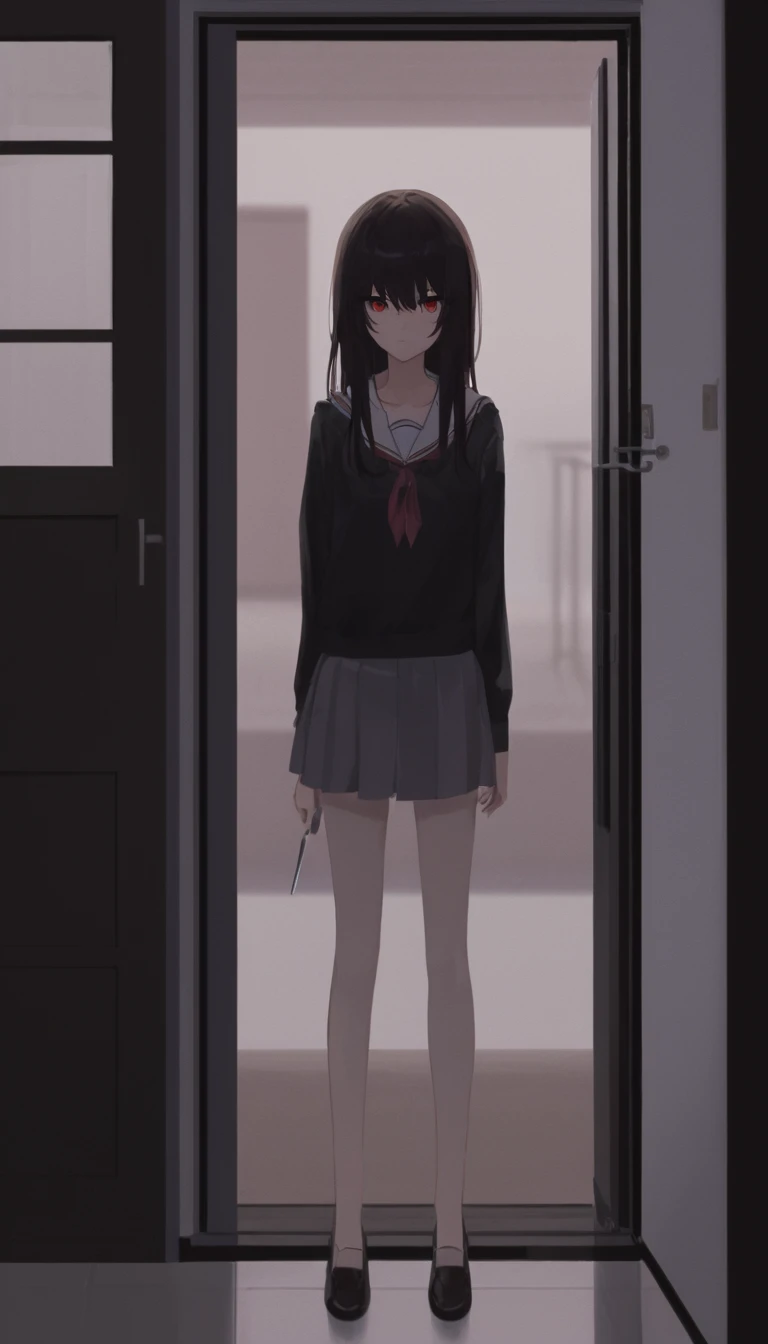 yandere woman, student aesthetics, with a knife in his hand, is standing in front of the door, It&#39;s yandere.