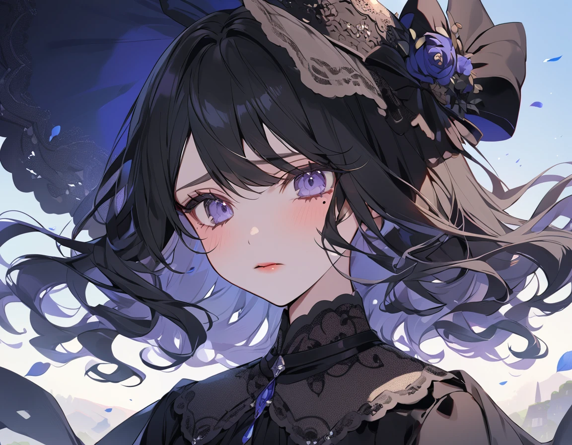 BREAK Perfect Anatomy、Highest quality、(cute:1.1)、(cute)、(High resolution:1.2)、Unbelievably absurd:1.3、Incredible illustrations、(cuteイラスト:1.2)、（Beautiful background、blue sky）、1gial(Black Hair、strong wavy hair、lipstick、Cry、mole under eye）（Black veiled hat、Black dress mourning）（Close your eyes and look down）（expressionless）（Profile、closeup-face）