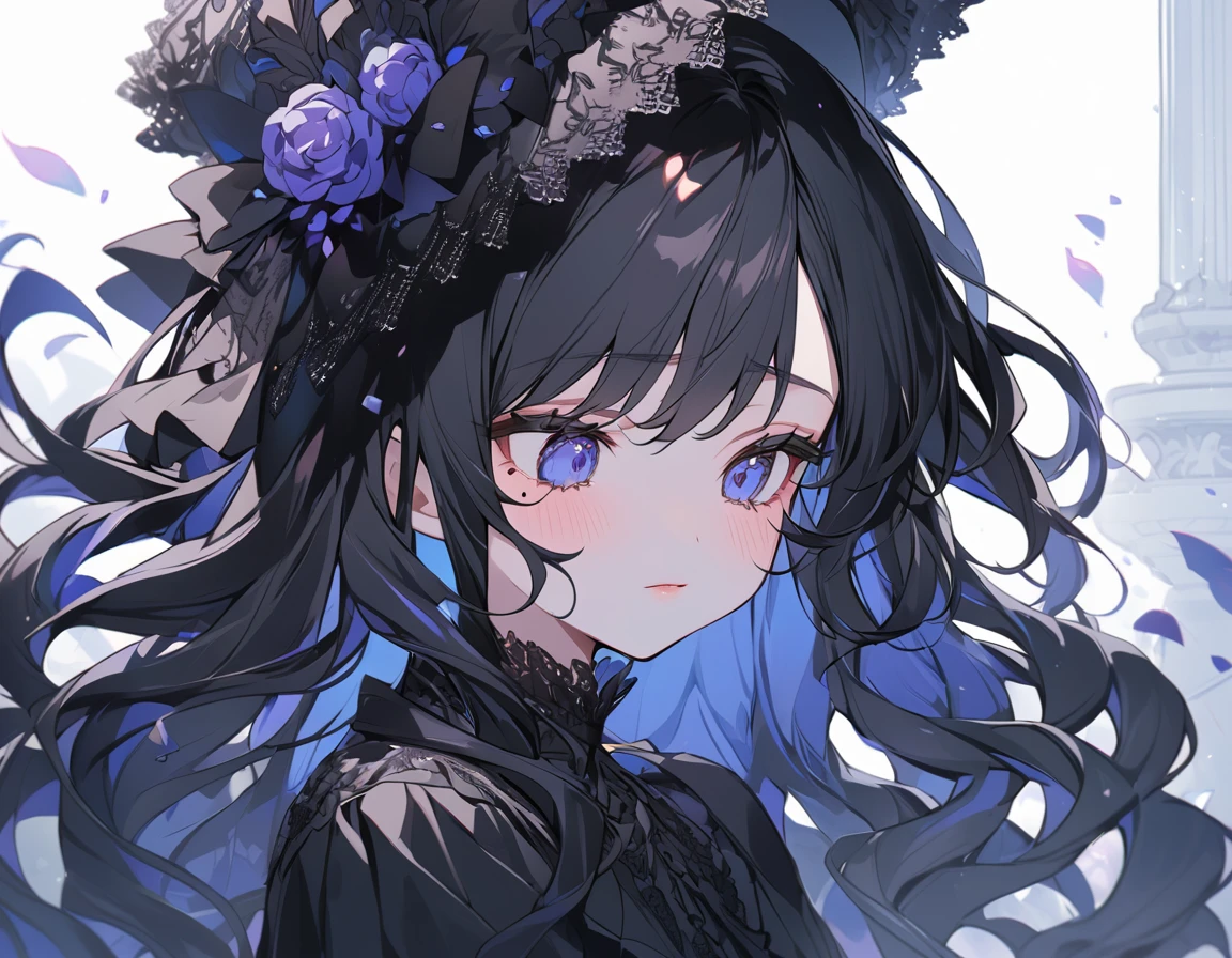 BREAK Perfect Anatomy、Highest quality、(cute:1.1)、(cute)、(High resolution:1.2)、Unbelievably absurd:1.3、Incredible illustrations、(cuteイラスト:1.2)、（Beautiful background、blue sky）、1gial(Black Hair、strong wavy hair、lipstick、Cry、mole under eye）（Black veiled hat、Black dress mourning）（Close your eyes and look down）（expressionless）（Profile、closeup-face）