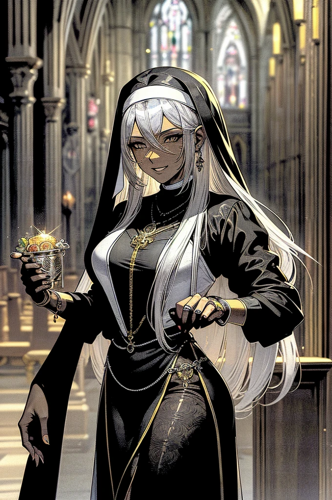 (masterpiece, highest quality, perfect anatomy)1 woman, 25 years old, tall, muscular, dark skin, big breasts, high muscle definition, muscular, medium silver hair, amber eyes, tattoos (sexy nun outfit silver jewelry , silver rings, necklace and silver) in a church, bitch smile, flushed face, eyes shining with malice, face of rape