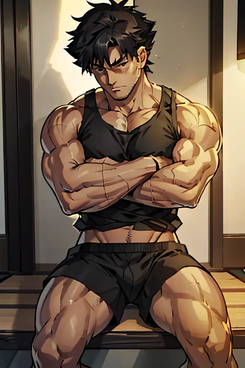 Kiritsugu is sitting and flexing his buff biceps and thighs. He wears black short boxershorts. You can see his thighs completely. He wears a black tanktop. He is showing his abs too. He is admiring his arms.