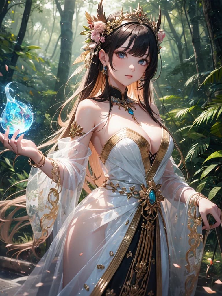 beautiful young woman, anime style, detailed face, ethereal and enchanting expression, wearing a light and airy fantasy costume, standing in a mystical forest with glowing plants and magical creatures, holding a staff with a glowing crystal, flowing and translucent gown adorned with jewels, vibrant and inviting fantasy lighting, dynamic pose, Japanese anime style, high quality, highly detailed, 8k resolution, cinematic lighting, best quality, vibrant colors, Instagrammable, aesthetic, trendy, hair color and style are vibrant and unique