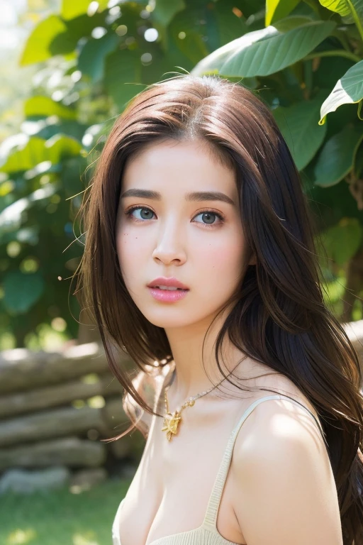 8k, masterpiece, original photo, best quality, Reality, Extremely detailed CG Unity 8K wallpaper, Depth of Field, Movie Lighting, lens flare, Ray Tracing, (Extremely beautiful face, Beautiful lips, beautiful eyes), Intricately detailed face, ((Ultra-delicate skin), Beautiful 1 girl best quality photos, Ultra-high resolution, (Realistically:1.4),Cute hairpin,1 girl,Red long hair,Cropped sweater ,Beautiful slim woman:1.4, on the island,Super thin face,Exquisite eyes,double eyelids,Necklace