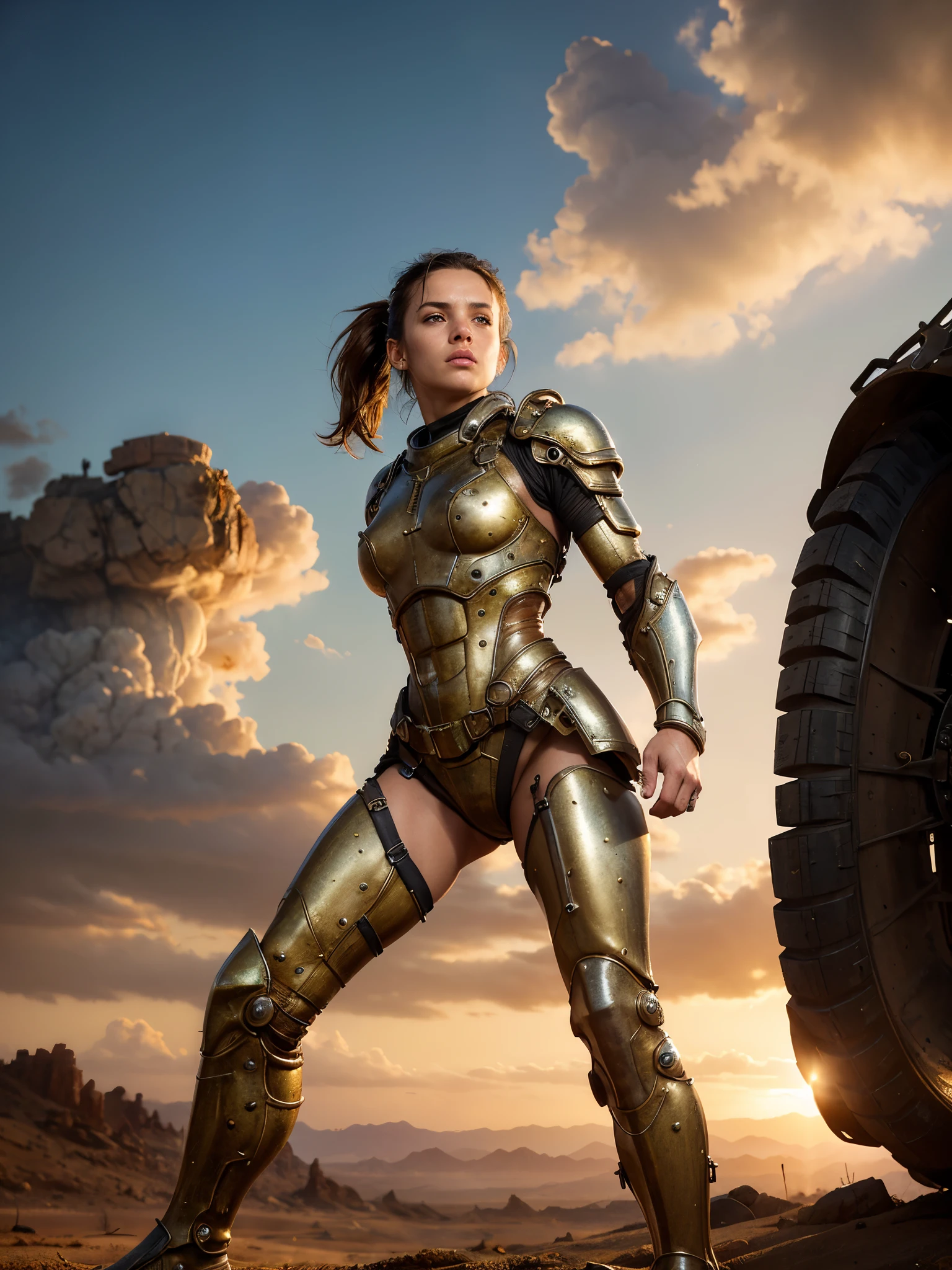 (from below:1.4), (best quality, masterpiece, highest detailed), (photorealistic:1.2), (detailed light:1.2), (Realistic skin texture:1.4), raw photo, fallout theme, beautiful brunette, athletic build, ponytail hairstyle, muscular body, in fantastic armor, black exoskeleton, posing in a gloomy desert, looking at the viewer, post-apocalyptic landscape