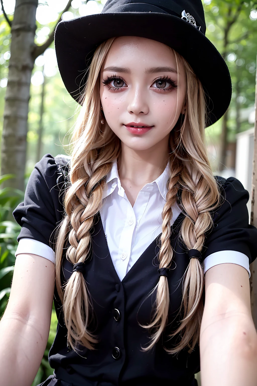 Realistic, masterpiece, Highest quality, Highest Resolution, High Detail, Soft Light, Professional Lighting, Backlight, Film Grain, The background is blurred, Japanese , (The subject was photographed from below, The subject does not look at the camera:1.3), 16 years old, Upper body photo, Looks sleepy, inattention, Grinning, Open your mouth, Beautiful and detailed eye drawing, (Droopy eyes:1.3), Dark Eyes, Thin eyebrows, Draw eyelashes carefully, Eyelash extensions, Gal Makeup, Orange Cheek,  (White brown wavy hair, Long Hair, Braid, middle part:1.3), (Hidden eyelid wrinkles:1.3), (Gothic summer school uniform:1.3), (Summer forest:1.3)
