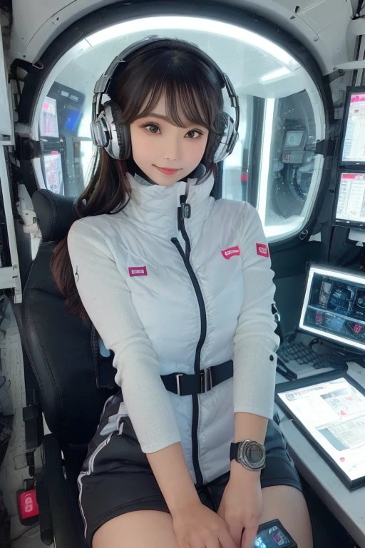 masterpiece, Highest quality, Very detailed, 8K Portrait,Japanese Android Girl,plump , Control panel,Robotic arms and legs, Blunt bangs,,break (Metallic Gray, Metallic luster, Mirror finish, Astro Best):5,headphone:5,break (Black sleeves):100,Smart Watches,Futuristic space station,Control Room,break headphone,blue eyes,(Black Hair):2,(Long Hair):1.3,Displaying the viewer,(respirator),break blush:3,Hidden Hand,smile