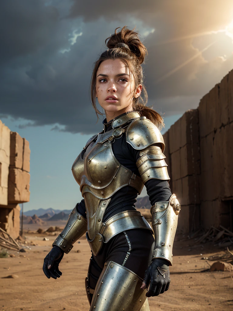 (from below:1.4), front view, (best quality, masterpiece, highest detailed), (photorealistic:1.2), (detailed light:1.2), (Realistic skin texture:1.4), raw photo, fallout theme, beautiful brunette, athletic build, ponytail hairstyle, muscular body, in  fantastic armor, black exoskeleton, posing in a gloomy desert, looking at the viewer, post-apocalyptic landscape