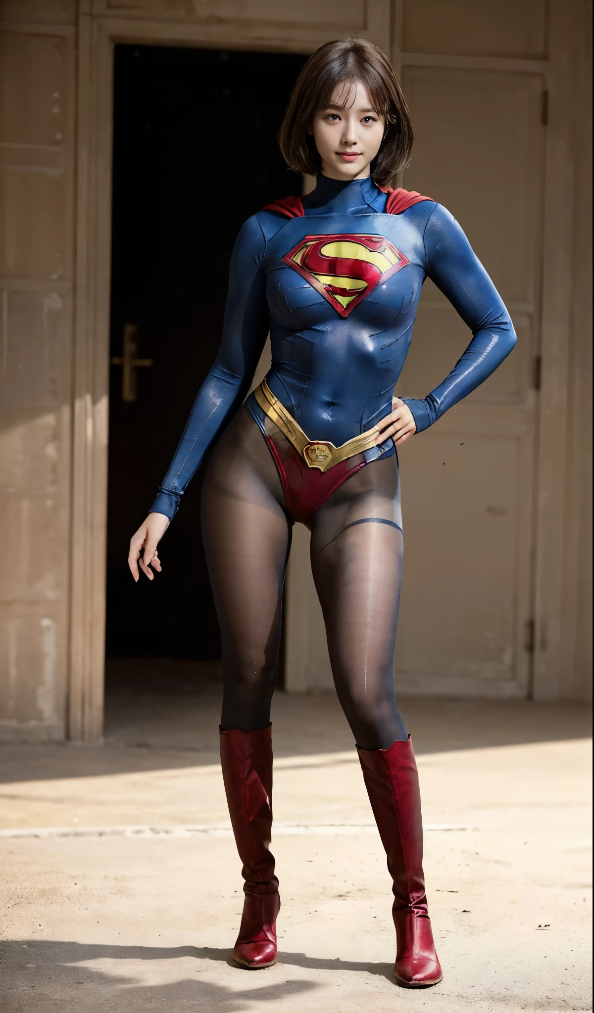 No background、(((Beautiful legs in black tights.)))、(((Legally express the beauty of your smile)))、((((Make the most of your original images)))、(((Supergirl Costume)))、(((Beautiful very short hair)))、(((suffering)))、(((Please wear black tights....、Wear red boots)))、((Best image quality、8K))、((Highest quality、8K、masterpiece:1.3))、(((Preserve background )))、Sharp focus:1.2、Beautiful woman with perfect figure:1.4、Slim Abs:1.2、Wet body:1.5、Highly detailed face and skin texture、8K