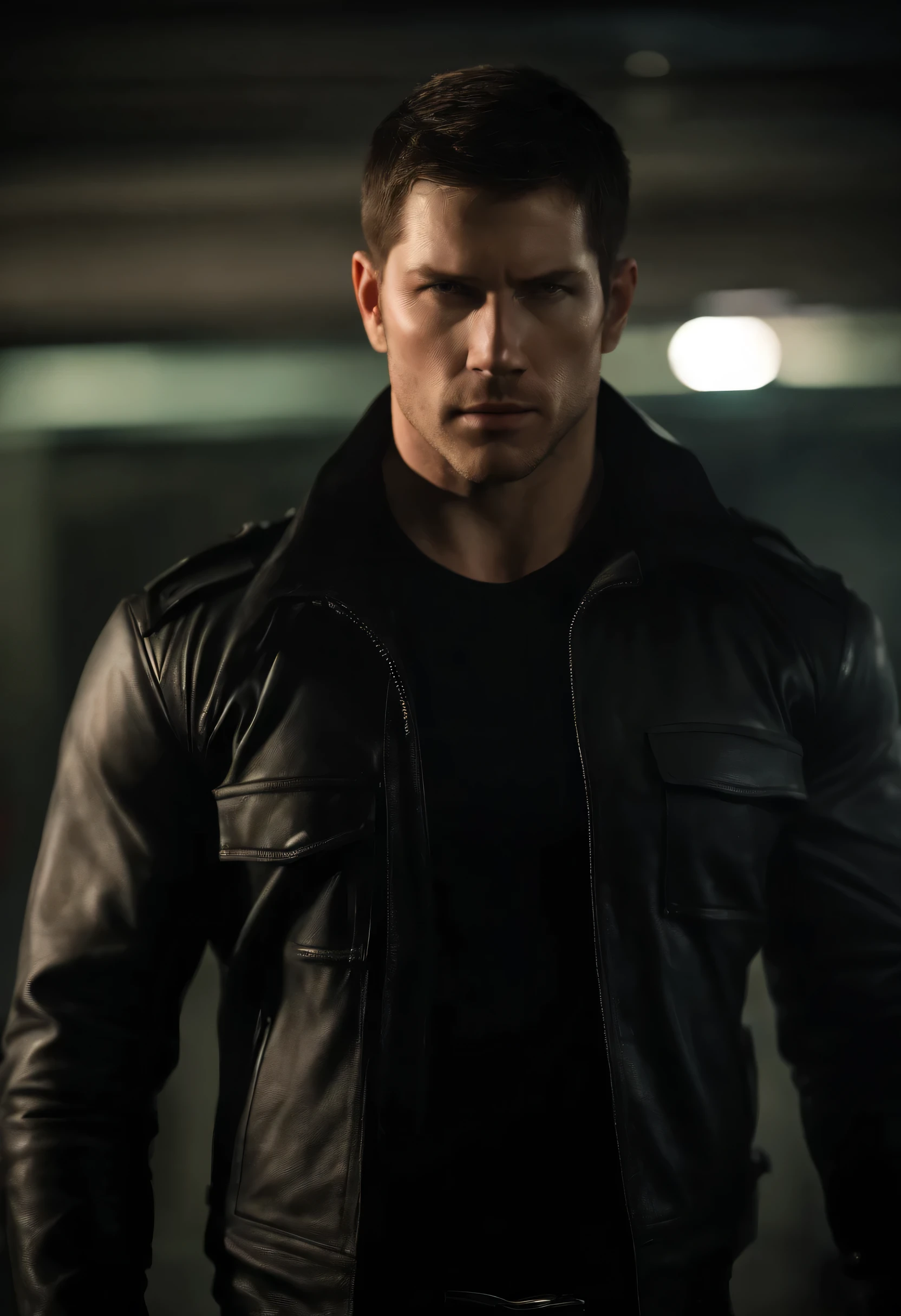 Chris Redfield de Resident Evil 5 em uma camisa preta, black leather jacket and black pants. bonitas, shaved and young.