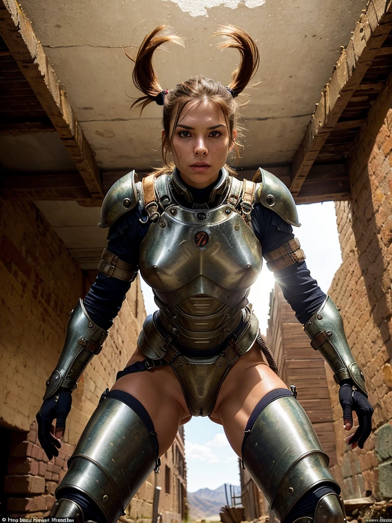 (from below:1.4), pussy focus, (best quality, masterpiece, highest detailed), (photorealistic:1.2), (detailed light:1.2), (Realistic skin texture:1.4), raw photo, fallout theme, beautiful brunette, athletic build, ponytail hairstyle, muscular body, in fantastic armor, black exoskeleton, posing in a gloomy desert, looking at the viewer, post-apocalyptic landscape