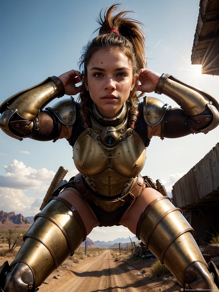 (from below:1.4), pussy focus, (best quality, masterpiece, highest detailed), (photorealistic:1.2), (detailed light:1.2), (Realistic skin texture:1.4), raw photo, fallout theme, beautiful brunette, athletic build, ponytail hairstyle, muscular body, in fantastic armor, black exoskeleton, posing in a gloomy desert, looking at the viewer, post-apocalyptic landscape