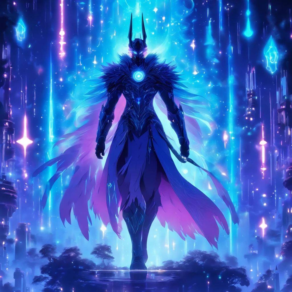 Niji mode. Full body. Ethereal sorcerer secret agent, elegant thin suit with fluid luminous white glowing magic circuits, celestial explorer emerging from a portal. Holding a longsword with glowing magic writings and long handle, glowing tattoos, magic piercings, magic stones, glowing magic eyes, advanced technology mixed with magic, magic circuits, magic tools, magic materials, developed by Technological Magic. Walking in the middle of a magical atompunk metropolis mixing technology and vegetation, the sky full of bright stars with cold colors. Wide and deep scenery with multiple planes of depth, cinematic and dynamic scene with sense of movement, view of magical glowing lights reflecting the scene, particle effects, elegant pose, aura lights, glowing, epic atmosphere, celestial splendor, galactic fragmentation . Old anime style, Studio Ghibli, Metal hurlant, art book, RPG fantasy, comicbook.