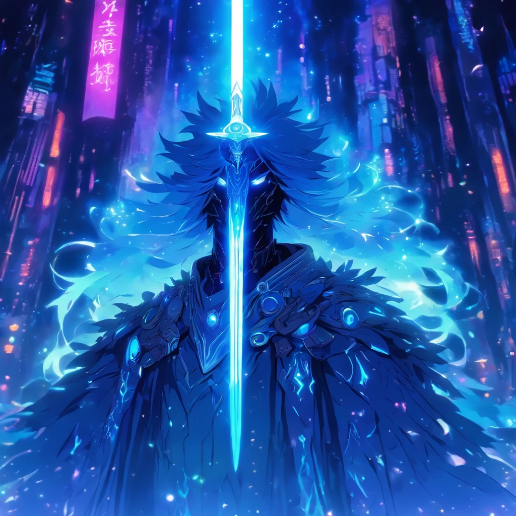 Niji mode.  Full body.  Ethereal sorcerer secret agent, elegant thin suit with fluid luminous white glowing magic circuits, celestial explorer emerging from a portal.  Holding a longsword with glowing magic writings and long handle, glowing tattoos, magic piercings, magic stones, glowing magic eyes, advanced technology mixed with magic, magic circuits, magic tools, magic materials, developed by Technological Magic.  Walking in the middle of a magical atompunk metropolis mixing technology and vegetation, the sky full of bright stars with cold colors.  Wide and deep scenery with multiple planes of depth, cinematic and dynamic scene with sense of movement, view of magical glowing lights reflecting the scene, particle effects, elegant pose, aura lights, glowing, epic atmosphere, celestial splendor, galactic fragmentation .  Old anime style, Studio Ghibli, Metal hurlant, art book, RPG fantasy, comicbook.