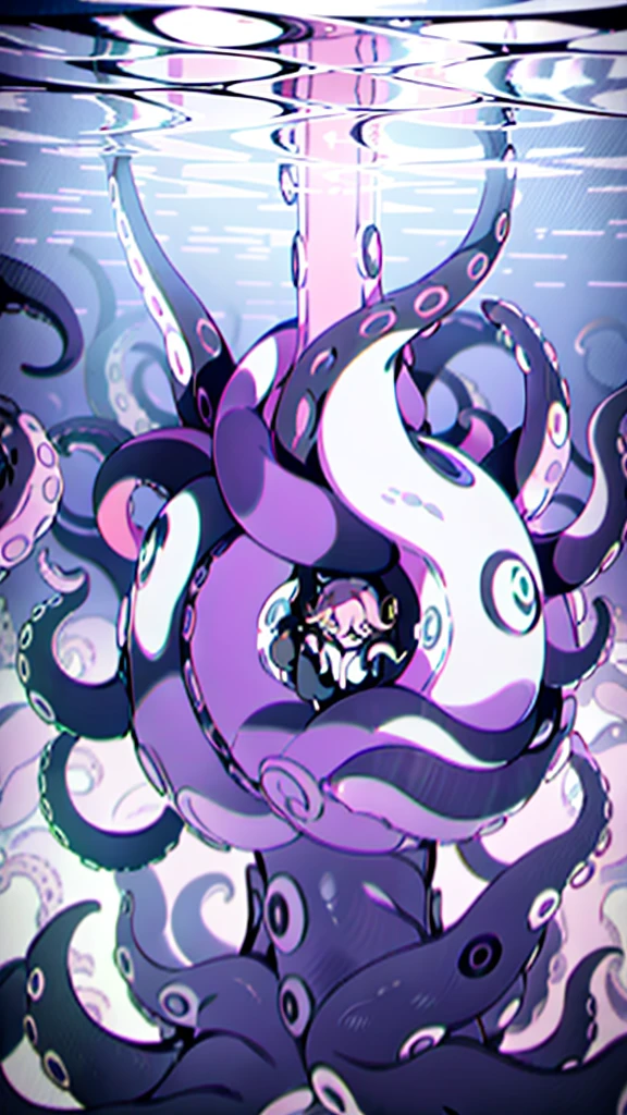 ((best quality)), ((highly detailed)), absurdres, (detailed eyes),1girl,20 years old,solo,long hair,Dark purple hair,(((white shirt,black standart tie,black skirt))),dynamic pose, cowboy shot, (((scylla))), (((octopus girl))), standing, (tentacles:1.33), (suction cups:1.33), (fused:1.33), ((tentacle legs)), squidlegs, ((underwater,sea,night)),leaning forward, serious,