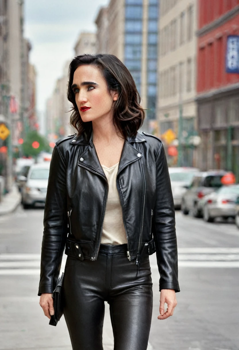 full body Realism, 36-year-old girl, Jennifer Connelly, short boyish blond hair, bangs falling on her face, closed eyes, slightly open mouth, red lips, beautiful hairstyle, light makeup, round breasts, in a leather jacket, tight leather pants, beautiful shoes on her feet, walking city street in the background , detailed appearance, detailed hairstyle, detailed environment, detailed background, a modern city in the background, the photo was taken with a photorealistic SLR camera, resolution full hd, 8K