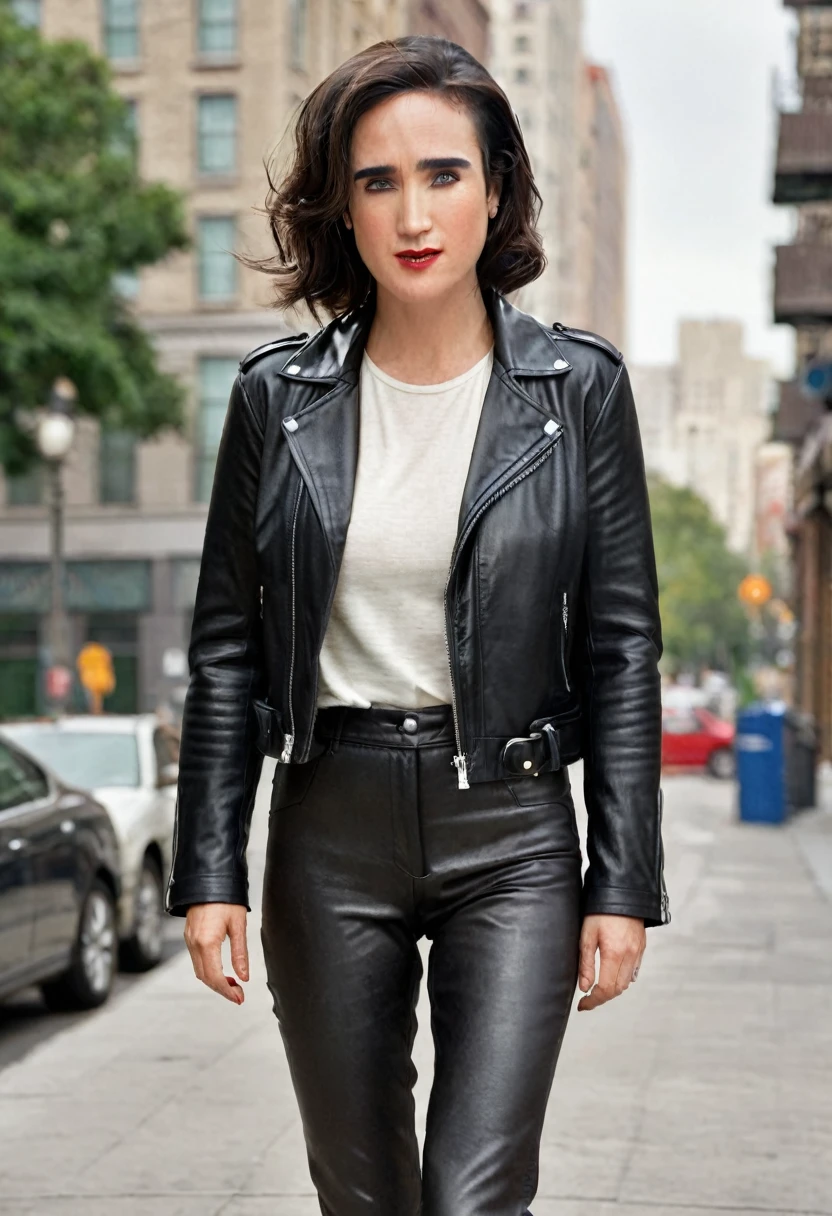 full body Realism, 36-year-old girl, Jennifer Connelly, short boyish blond hair, bangs falling on her face, closed eyes, slightly open mouth, red lips, beautiful hairstyle, light makeup, round breasts, in a leather jacket, tight leather pants, beautiful shoes on her feet, walking city street in the background , detailed appearance, detailed hairstyle, detailed environment, detailed background, a modern city in the background, the photo was taken with a photorealistic SLR camera, resolution full hd, 8K