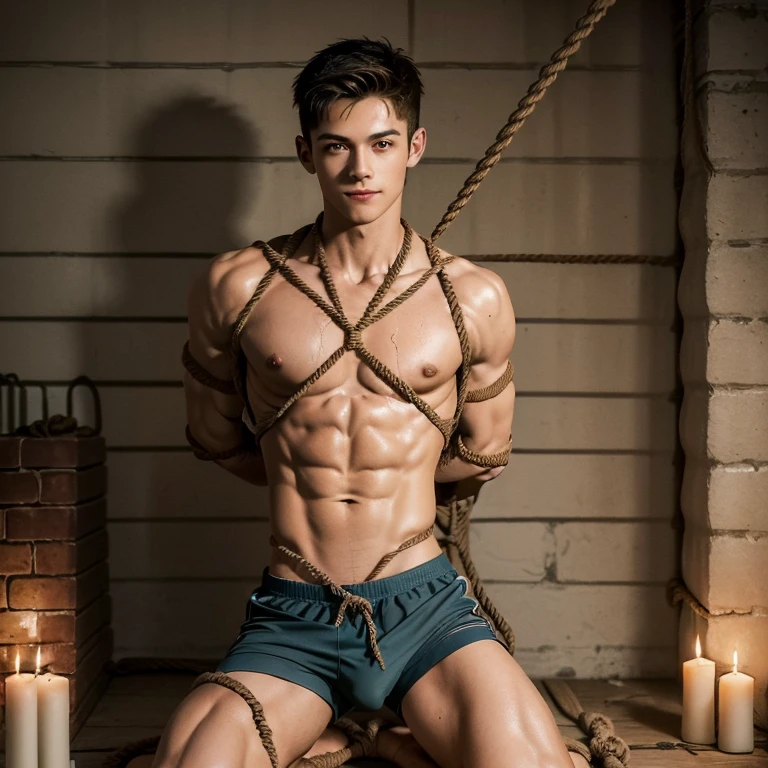  (((18 year old shirtless, very skinny twink))), fair hair, handsome face, smile (((wearing gym shorts))) biceps flexed, kneeling, ((((Trussed up completely with rope)))), ((((very tight rope crossed over chest)))),(((body in tight shibari ropes))) sweating, wet skin, in a dungeon with candles and a fireplace 
