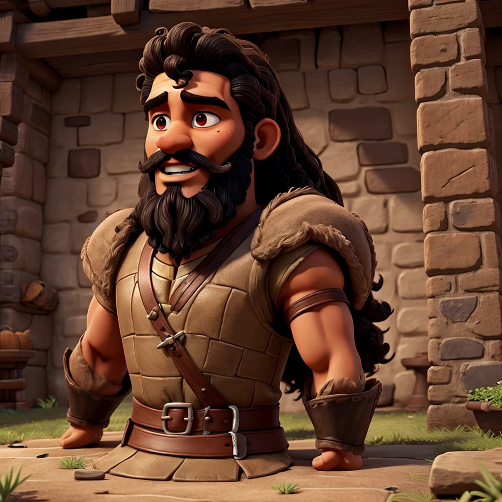 Medieval knight tibia game style , naughty man, brown skin, black curly hair and beard 