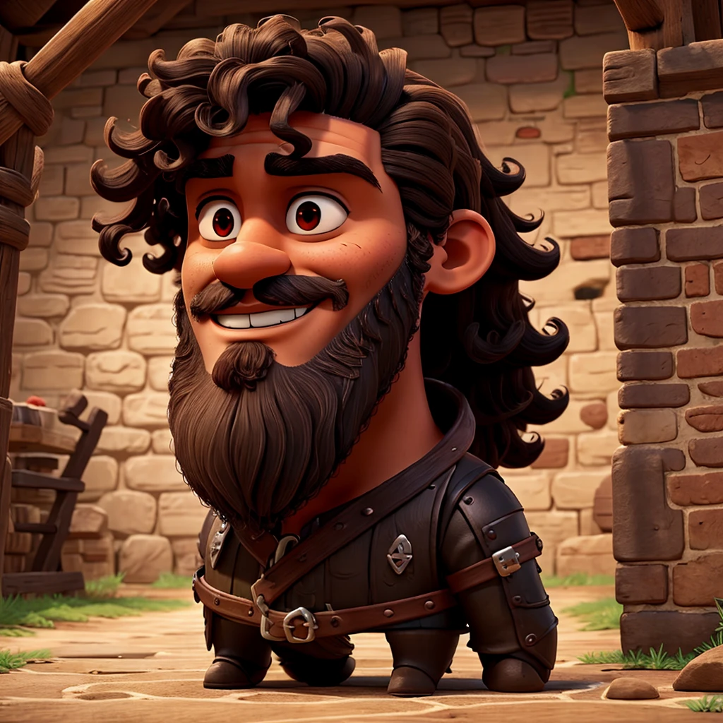 Medieval knight tibia game style , naughty man, brown skin, black curly hair and beard